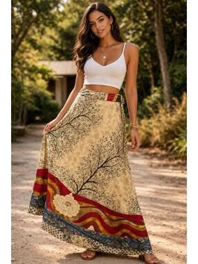 Rhea Reversible Wrap Skirt One Size Boho Patchwork Floral Paisley Gold Blue NWT